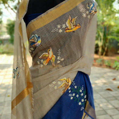 Stunning Hand-Painted And Hand-Embroidered Kota Doria Saree