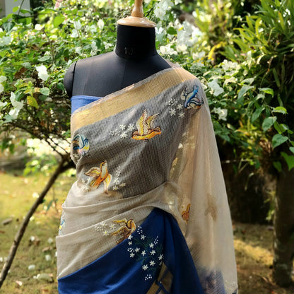 Stunning Hand-Painted And Hand-Embroidered Kota Doria Saree