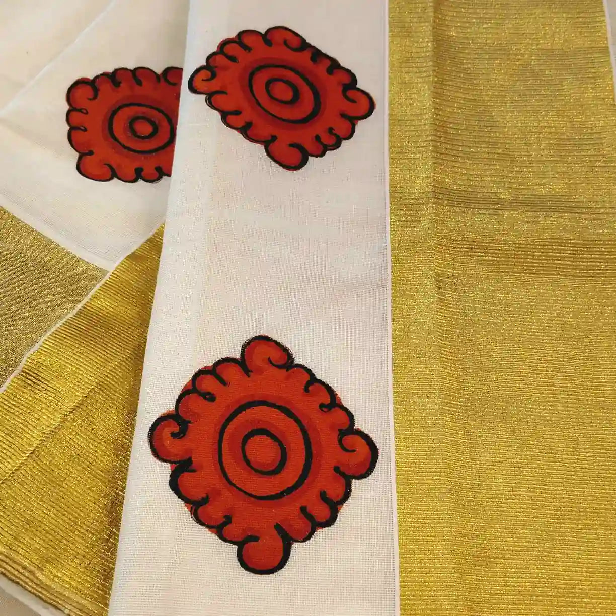 Hand-painted Set-Mundu In Kerala Mural Style