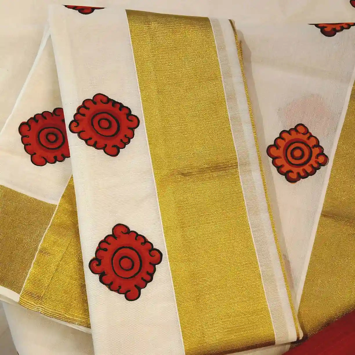 Hand-painted Set-Mundu In Kerala Mural Style