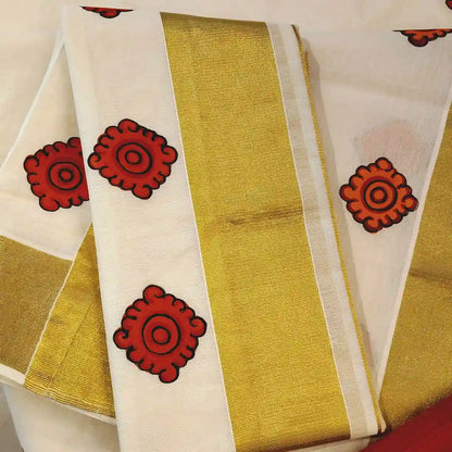 Hand-painted Set-Mundu In Kerala Mural Style