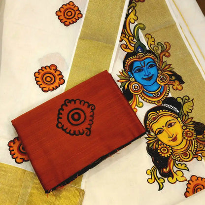 Hand-painted Set-Mundu In Kerala Mural Style