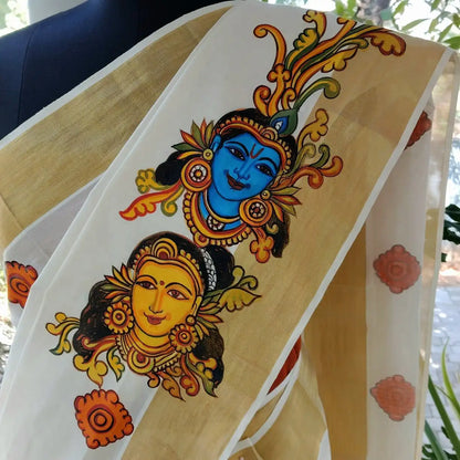 Hand-painted Set-Mundu In Kerala Mural Style