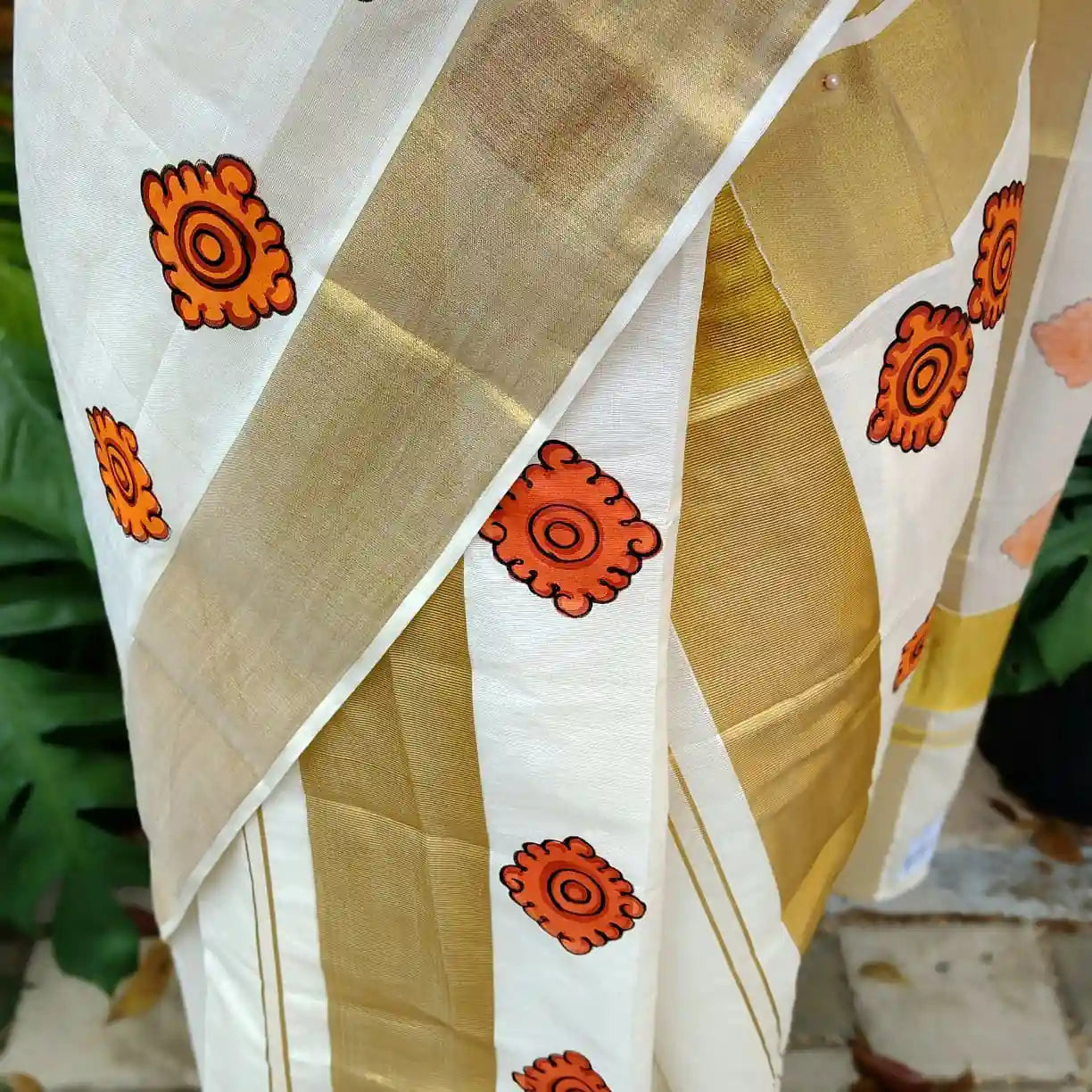 Hand-painted Set-Mundu In Kerala Mural Style