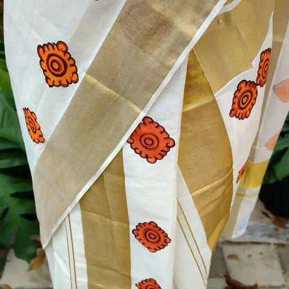 Hand-painted Set-Mundu In Kerala Mural Style