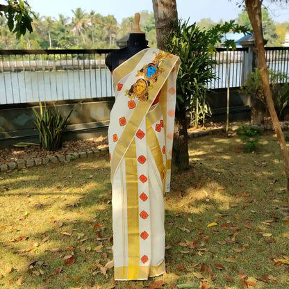 Hand-painted Set-Mundu In Kerala Mural Style