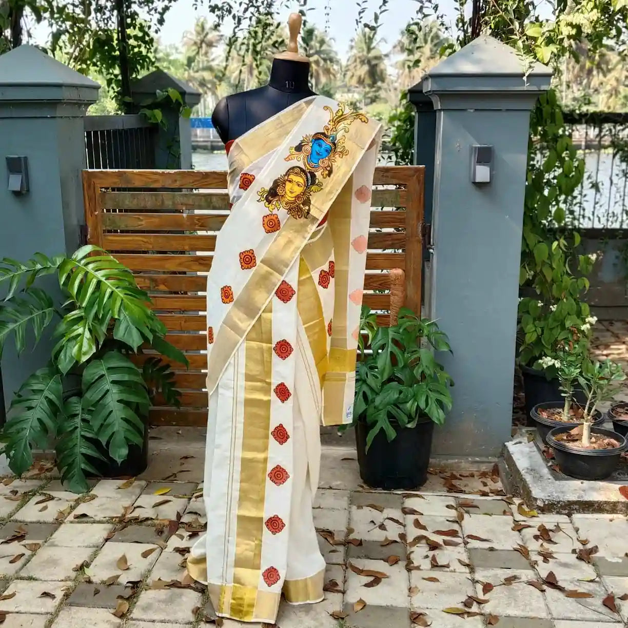 Hand-painted Set-Mundu In Kerala Mural Style