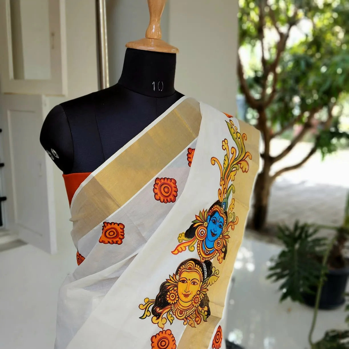 Hand-painted Set-Mundu In Kerala Mural Style