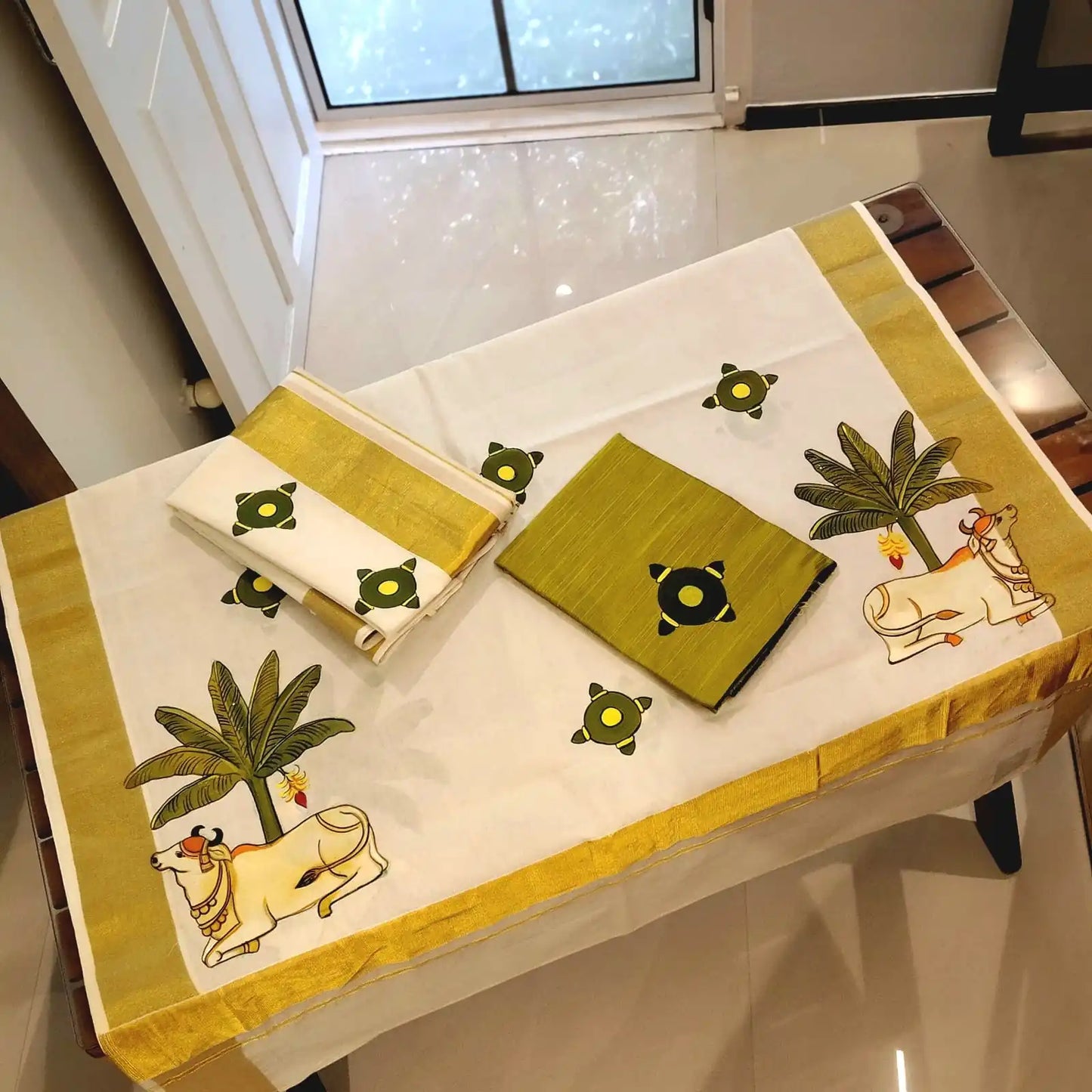 Pichwai Inspired Hand-Painted Mundu Set Mundu