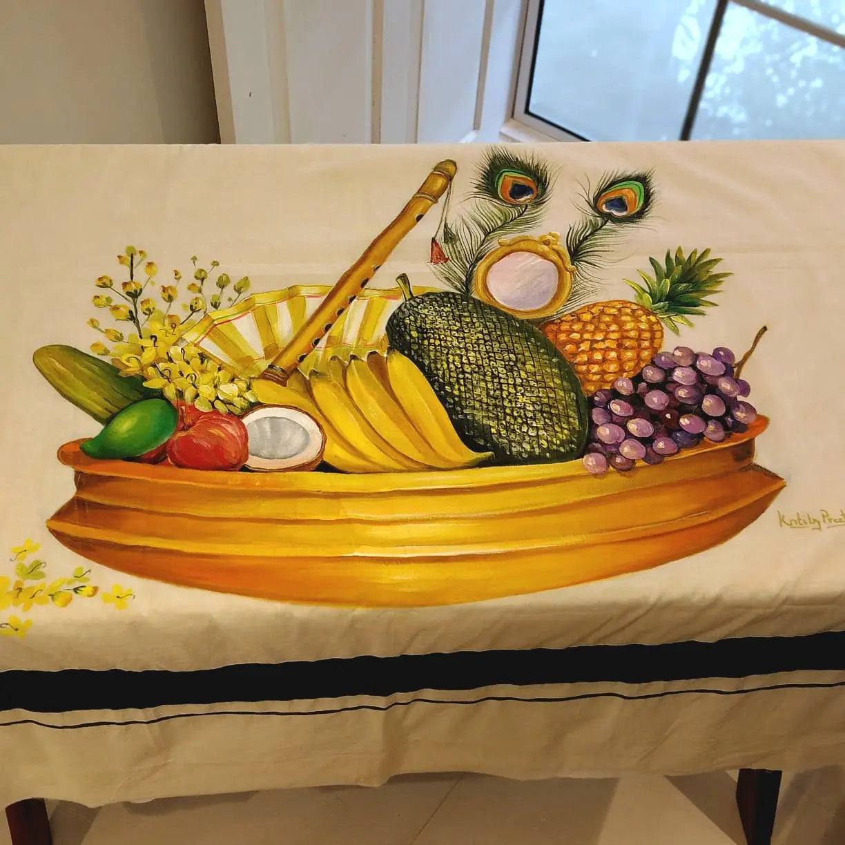 Hand-Painted Kerala Saree with Vishu Themed Motif