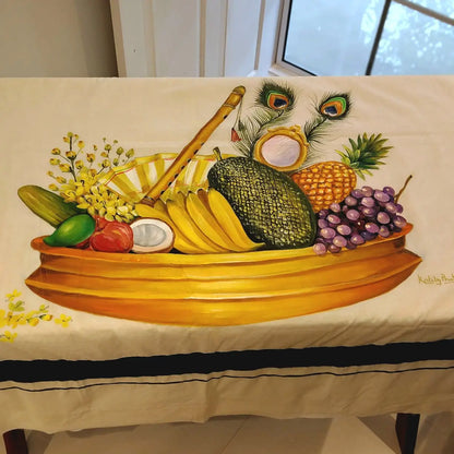 Hand-Painted Kerala Saree with Vishu Themed Motif