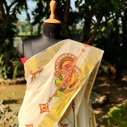 Traditional Hand-Painted Kerala Set Mundu - perfect for festivities or gifting!