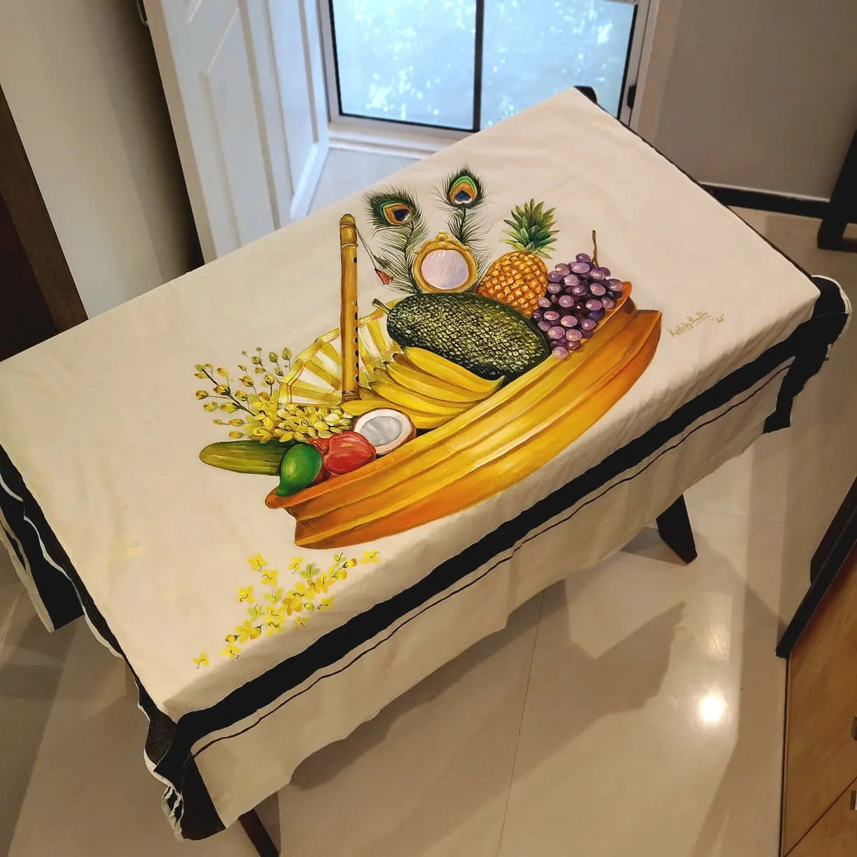 Hand-Painted Kerala Saree with Vishu Themed Motif