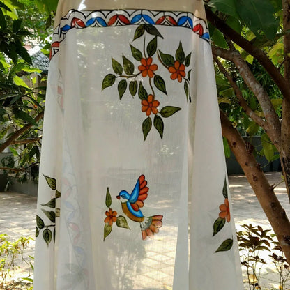 Artisanal Folk-Inspired Hand-Painted Dupatta on Luxurious Chanderi Silk
