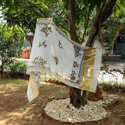Artisanal Folk-Inspired Hand-Painted Dupatta on Luxurious Chanderi Silk