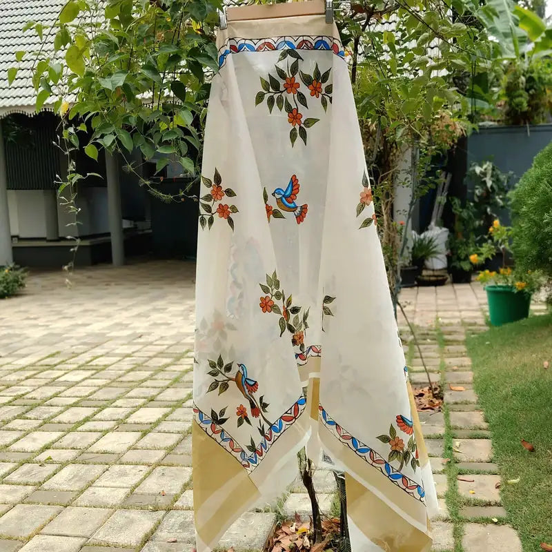 Artisanal Folk-Inspired Hand-Painted Dupatta on Luxurious Chanderi Silk