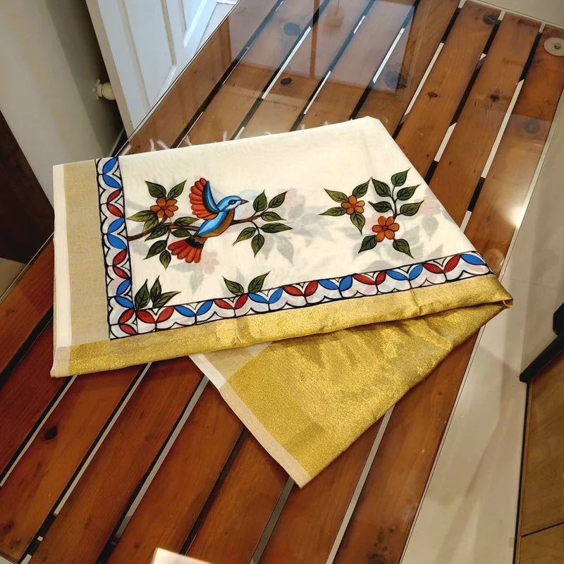 Artisanal Folk-Inspired Hand-Painted Dupatta on Luxurious Chanderi Silk