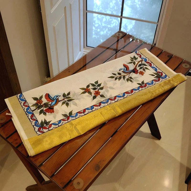 Artisanal Folk-Inspired Hand-Painted Dupatta on Luxurious Chanderi Silk
