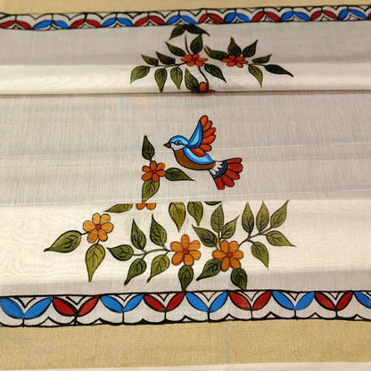 Artisanal Folk-Inspired Hand-Painted Dupatta on Luxurious Chanderi Silk