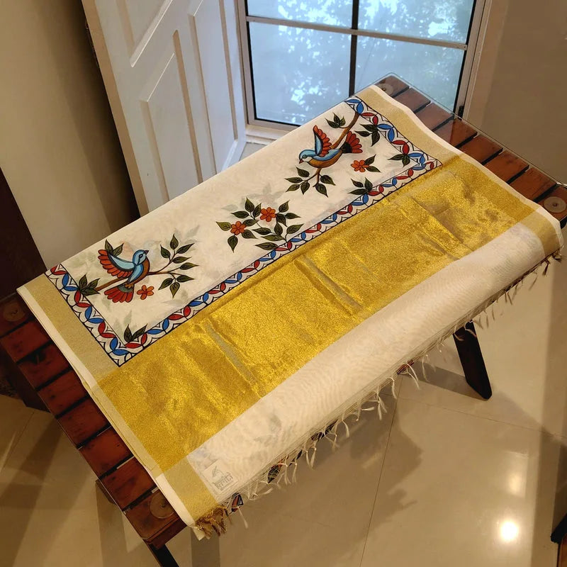 Artisanal Folk-Inspired Hand-Painted Dupatta on Luxurious Chanderi Silk