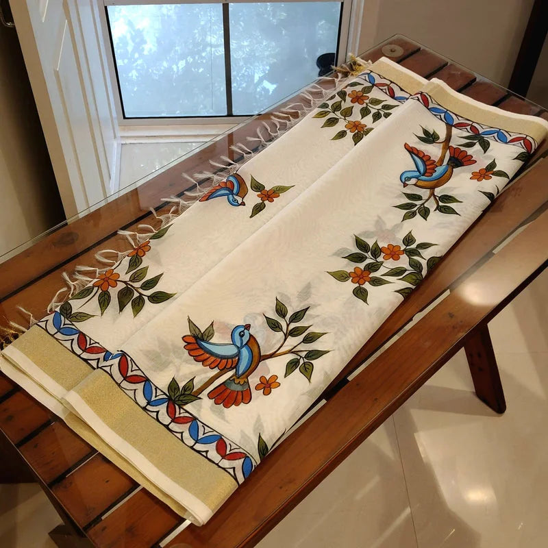 Artisanal Folk-Inspired Hand-Painted Dupatta on Luxurious Chanderi Silk