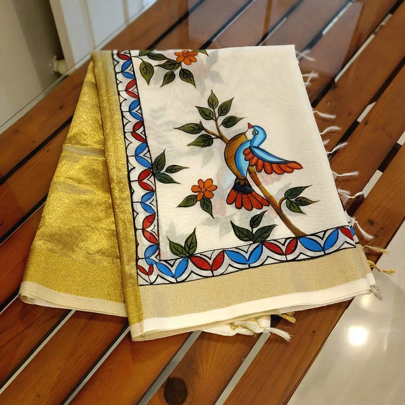 Artisanal Folk-Inspired Hand-Painted Dupatta on Luxurious Chanderi Silk