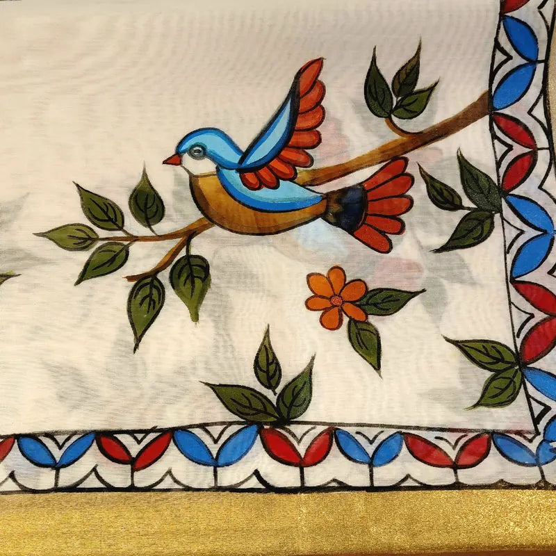 Artisanal Folk-Inspired Hand-Painted Dupatta on Luxurious Chanderi Silk