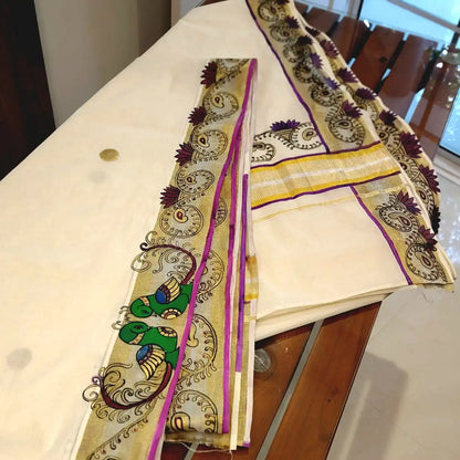 Exquisite Hand-Painted Kerala Kasavu Saree With Thanjavur Painting Inspired Border