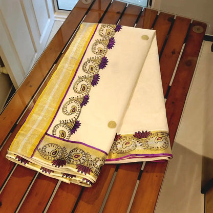 Exquisite Hand-Painted Kerala Kasavu Saree With Thanjavur Painting Inspired Border