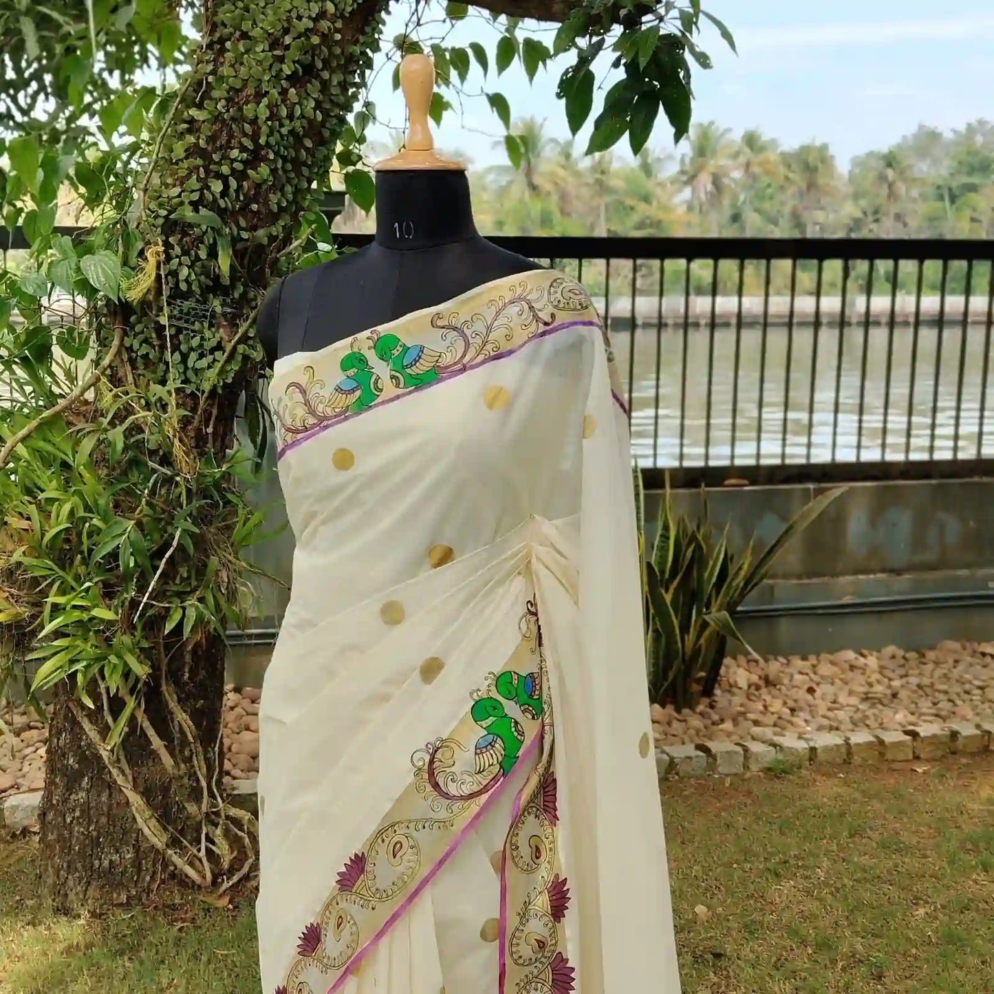Exquisite Hand-Painted Kerala Kasavu Saree With Thanjavur Painting Inspired Border
