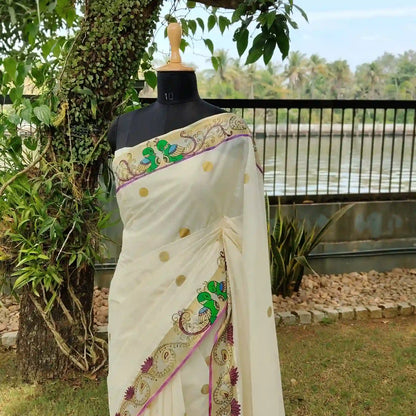 Exquisite Hand-Painted Kerala Kasavu Saree With Thanjavur Painting Inspired Border