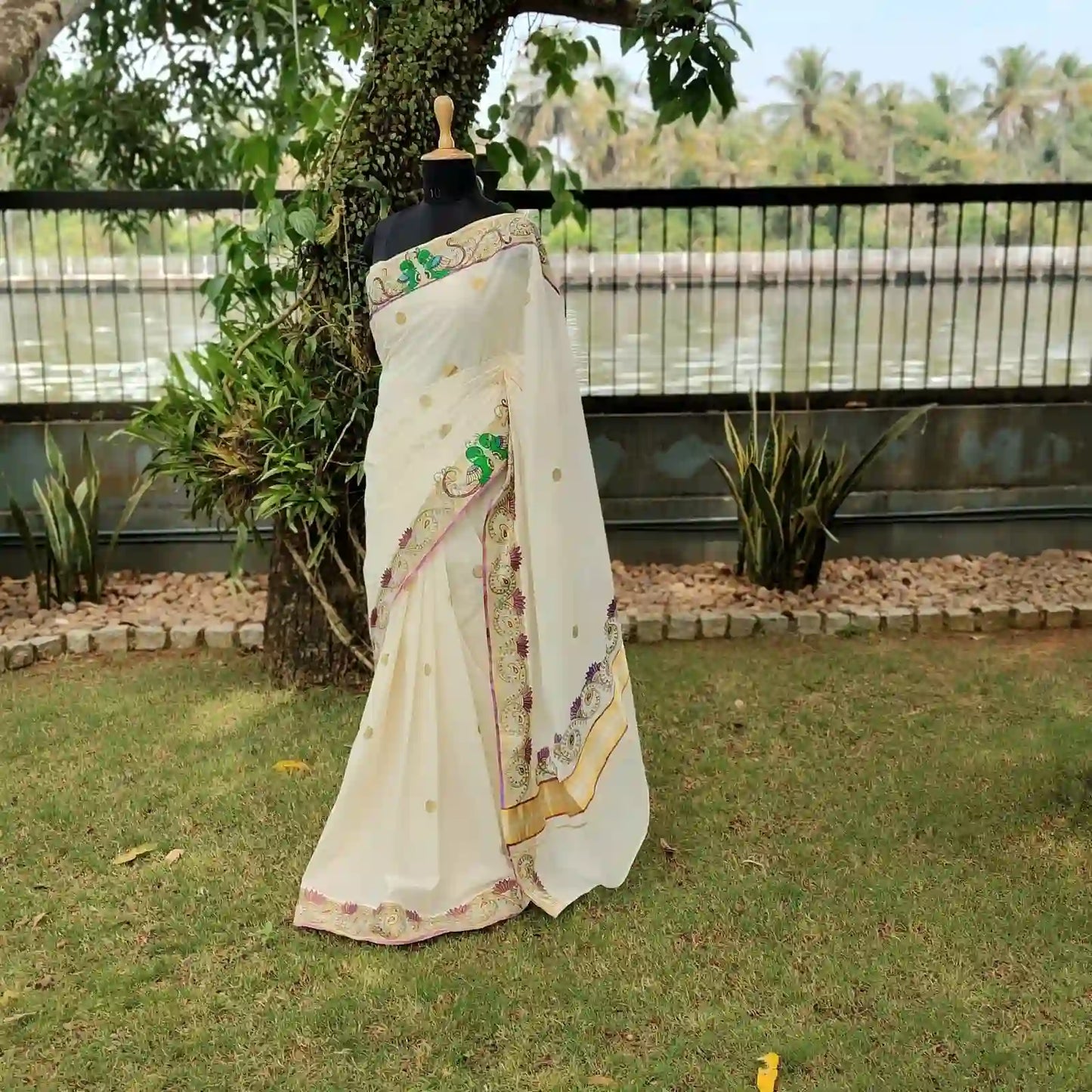 Exquisite Hand-Painted Kerala Kasavu Saree With Thanjavur Painting Inspired Border