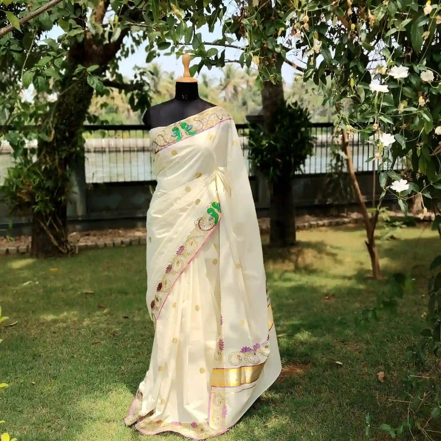 Exquisite Hand-Painted Kerala Kasavu Saree With Thanjavur Painting Inspired Border