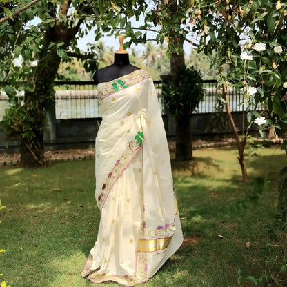 Exquisite Hand-Painted Kerala Kasavu Saree With Thanjavur Painting Inspired Border