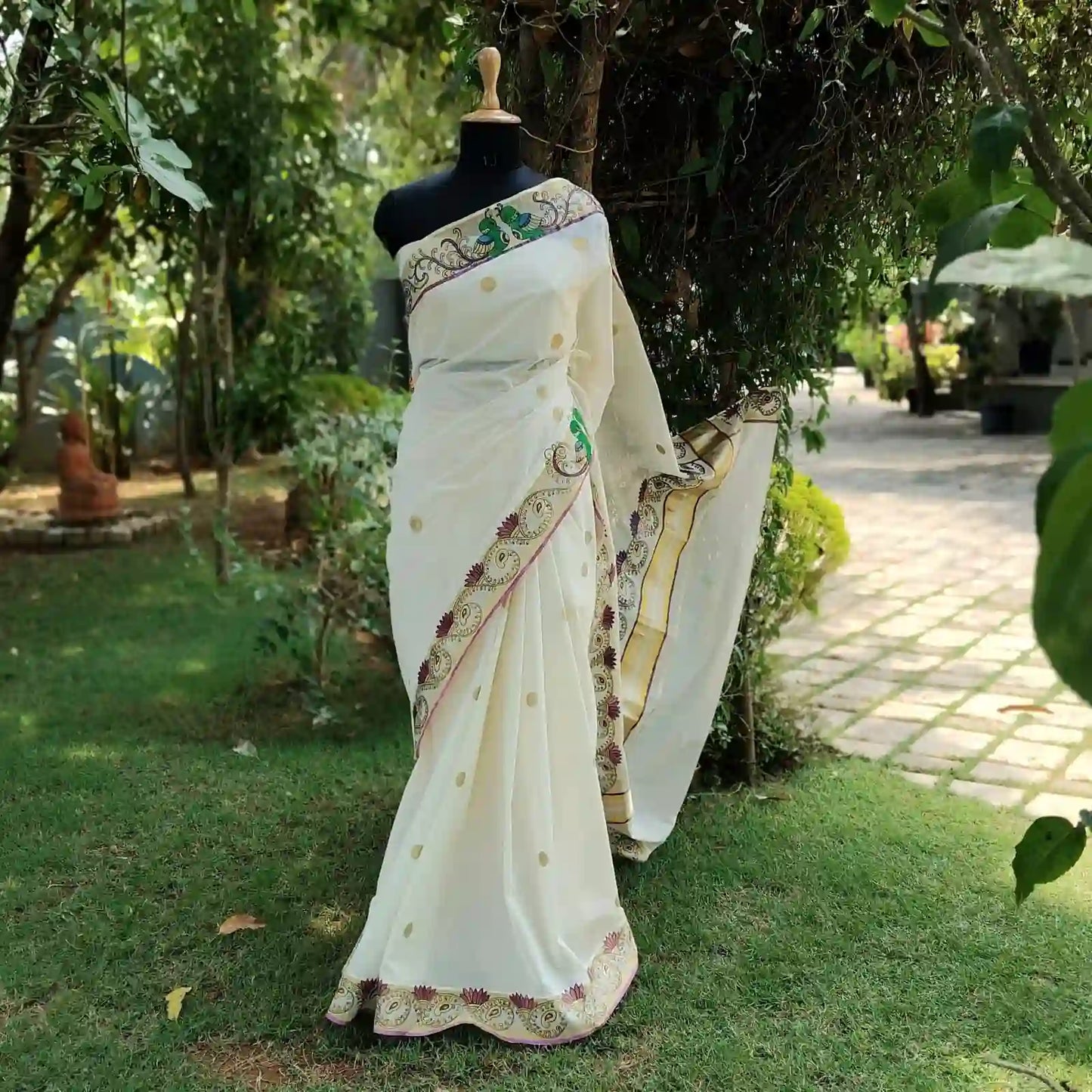 Exquisite Hand-Painted Kerala Kasavu Saree With Thanjavur Painting Inspired Border