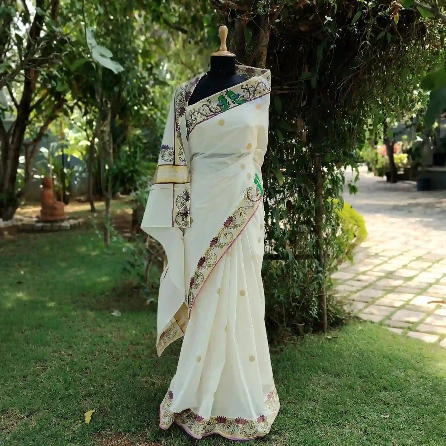 Exquisite Hand-Painted Kerala Kasavu Saree With Thanjavur Painting Inspired Border