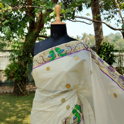 Exquisite Hand-Painted Kerala Kasavu Saree With Thanjavur Painting Inspired Border