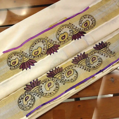 Exquisite Hand-Painted Kerala Kasavu Saree With Thanjavur Painting Inspired Border