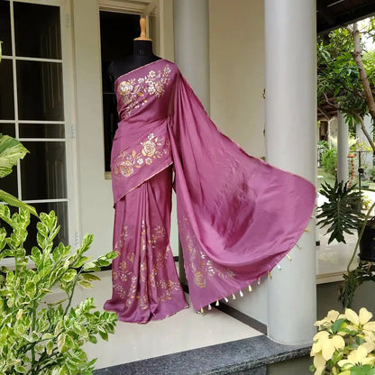 Graceful Onion Pink Uppada Silk Saree Adorned with Hand-Painted Art & Sparkling Sequin Details