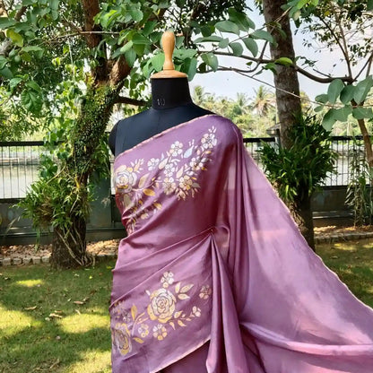 Graceful Onion Pink Uppada Silk Saree Adorned with Hand-Painted Art & Sparkling Sequin Details