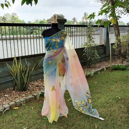 Vibrant Hand dyed and Hand-Painted Organza Saree
