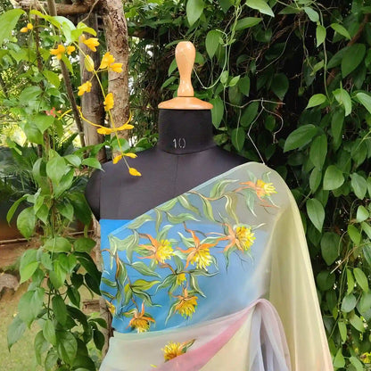 Vibrant Hand dyed and Hand-Painted Organza Saree