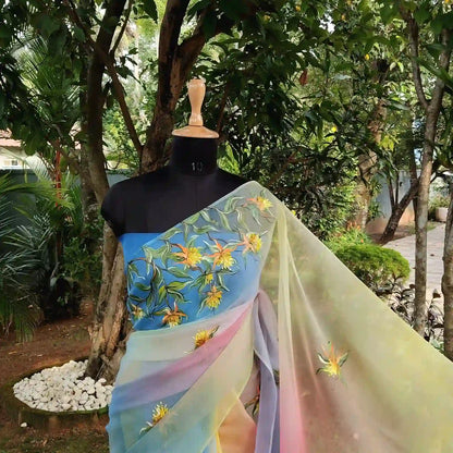 Vibrant Hand dyed and Hand-Painted Organza Saree
