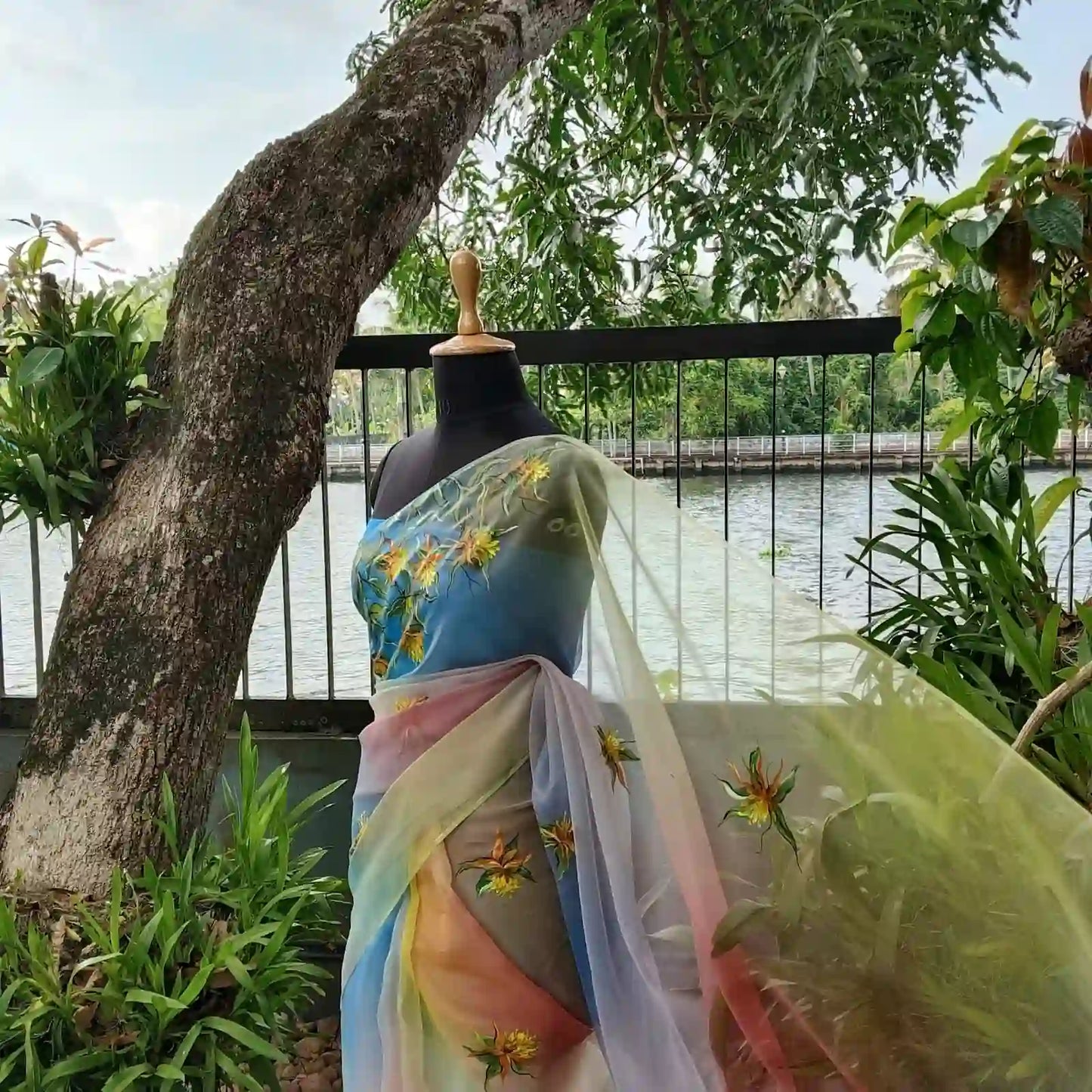 Vibrant Hand dyed and Hand-Painted Organza Saree