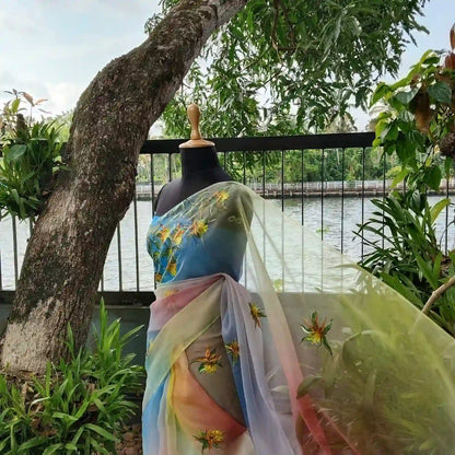 Vibrant Hand dyed and Hand-Painted Organza Saree