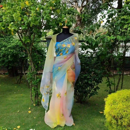 Vibrant Hand dyed and Hand-Painted Organza Saree