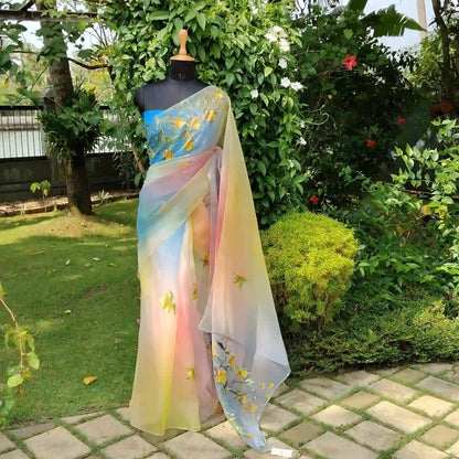 Vibrant Hand dyed and Hand-Painted Organza Saree