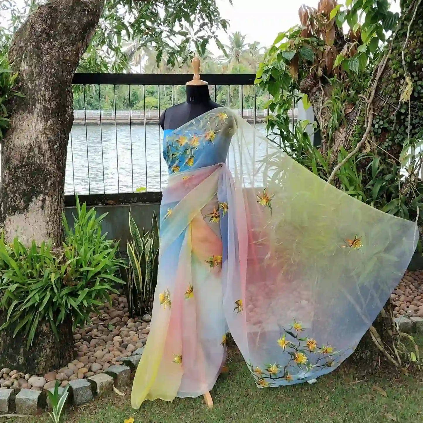 Vibrant Hand dyed and Hand-Painted Organza Saree