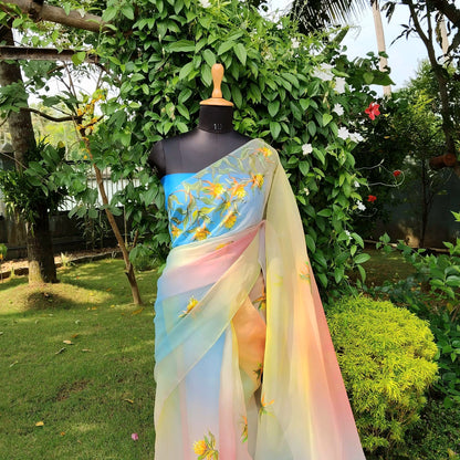 Vibrant Hand dyed and Hand-Painted Organza Saree