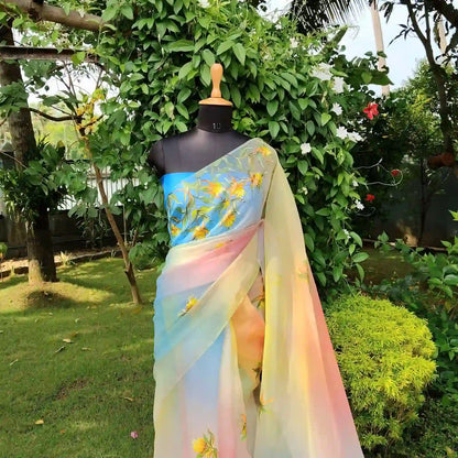 Vibrant Hand dyed and Hand-Painted Organza Saree